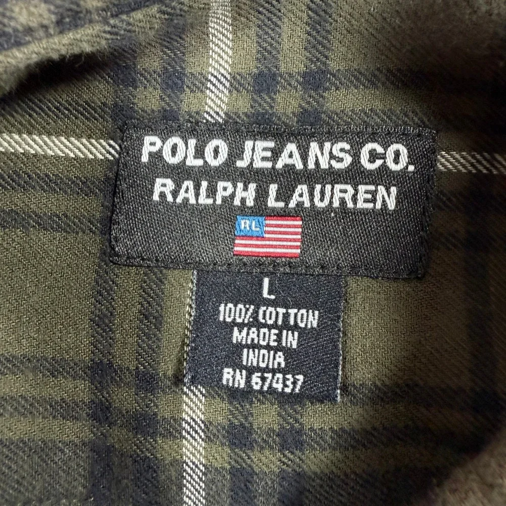 Polo Jeans Co Ralph Lauren Men's Large Plaid Flannel Shirt Green Orange Vintage